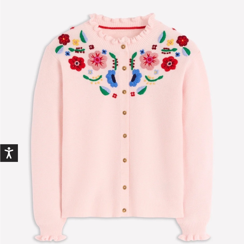 BODEN embroidered frill knit sweater cardigan blooming pink size large - Picture 3 of 16